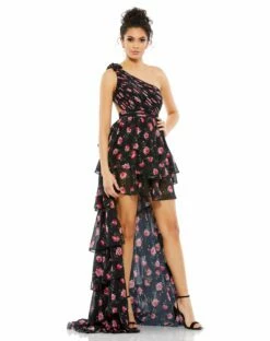One Shoulder Ruffled Rose Print Layered High-Low Dress