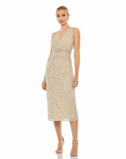 Sequined Sleeveless V-Neck Midi Sheath Dress