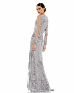 Embellished V Neck Illusion Long Sleeve Gown -Women's Skirt 715 67539D Platinum BK