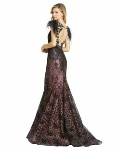 Embellished Feather Cap Sleeve Illusion Neck Trumpet Gown -Women's Skirt 79230 Black Back c664e33d bc57 45ed 8a0b 9a7540ac4186