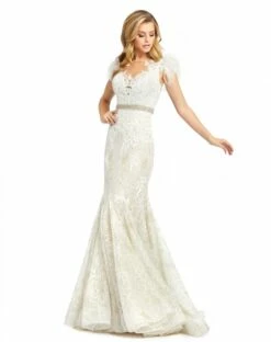 Embellished Feather Cap Sleeve Illusion Neck Trumpet Gown -Women's Skirt 79230 IvoryNude AB
