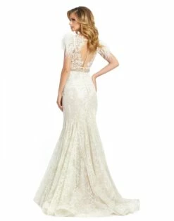 Embellished Feather Cap Sleeve Illusion Neck Trumpet Gown -Women's Skirt 79230 IvoryNude BK