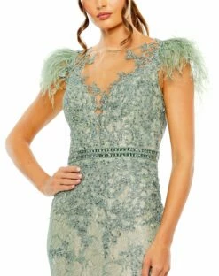 Embellished Feather Cap Sleeve Illusion Neck Trumpet Gown -Women's Skirt 79230 Sage CL