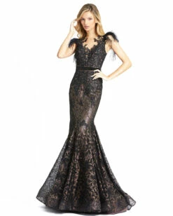 Embellished Feather Cap Sleeve Illusion Neck Trumpet Gown -Women's Skirt 79230 BLK 1 WS