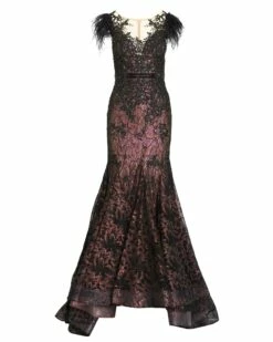 Embellished Feather Cap Sleeve Illusion Neck Trumpet Gown -Women's Skirt 79230 BLK 4 WS