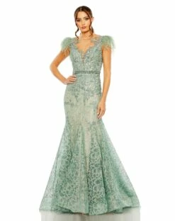 Embellished Feather Cap Sleeve Illusion Neck Trumpet Gown