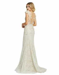 High Neck Shoulder FLower Detail Mermaid Gown -Women's Skirt 79268 IvoryNude BK