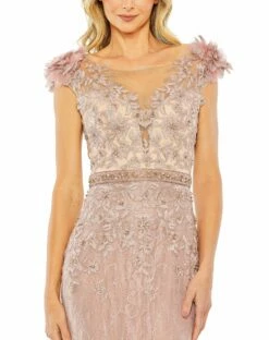 High Neck Shoulder FLower Detail Mermaid Gown -Women's Skirt 79268 Mocha CL