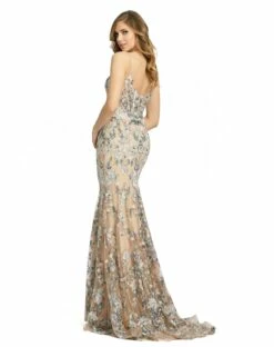 Embroidered Spaghetti Strap Trumpet Gown -Women's Skirt 79313 NudeMulti BK