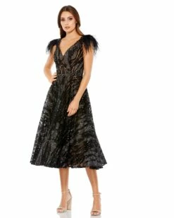 Embellished Feather Cap Sleeve Dress -Women's Skirt 79339 BlackNude var2