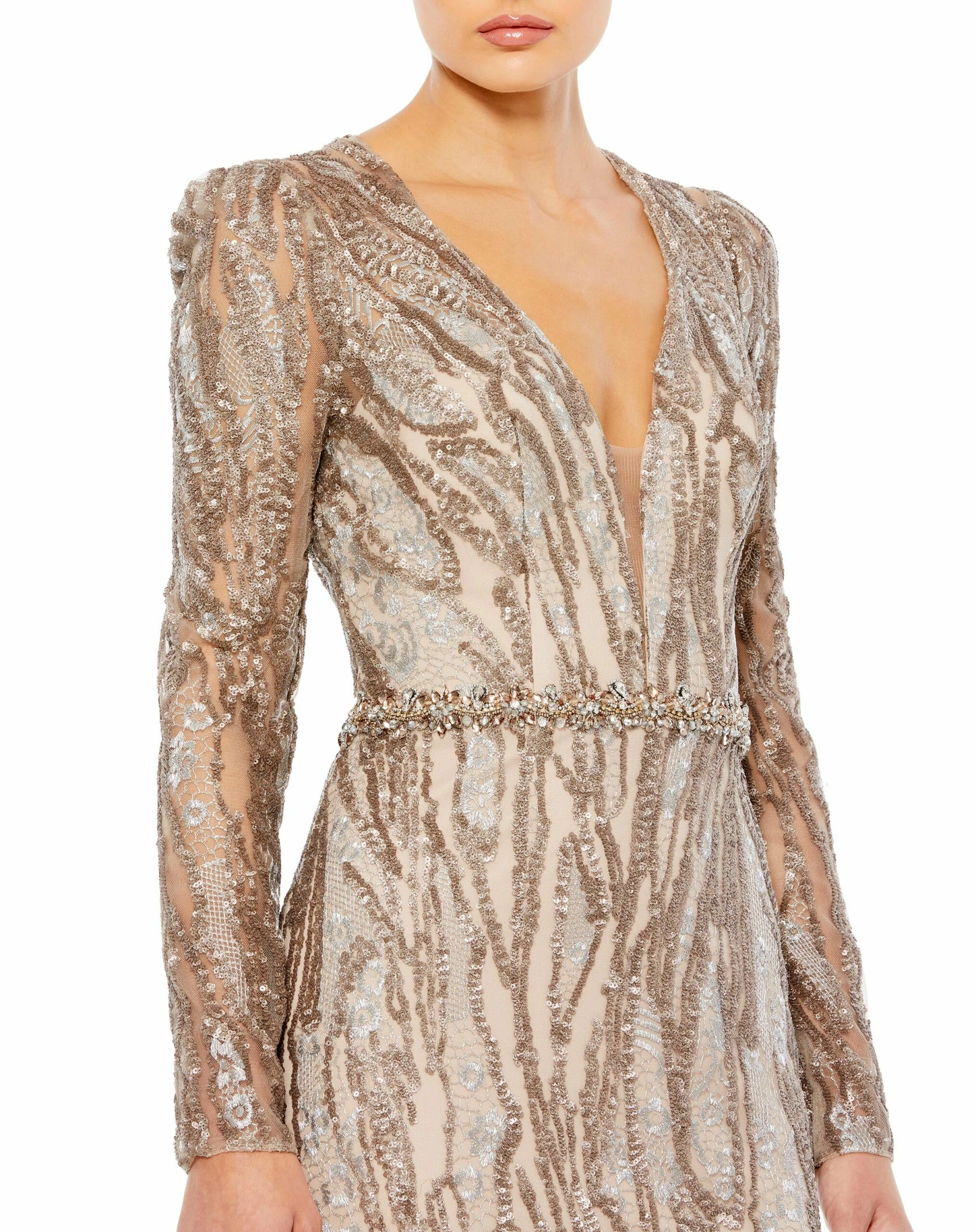 Embellished Long Sleeve Plunge Neck Trumpet Gown 5 Embellished Long Sleeve Plunge Neck Trumpet Gown - Image 3