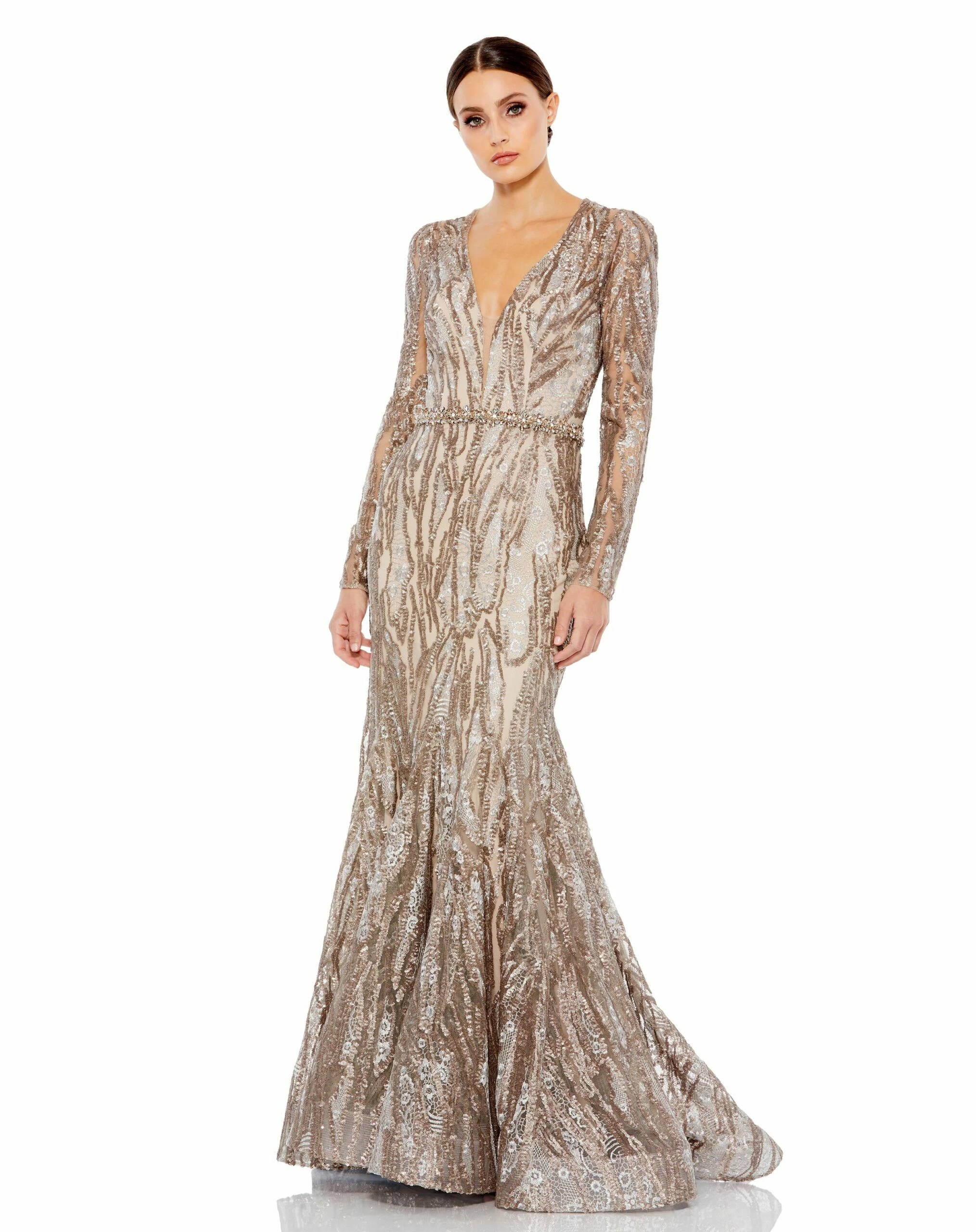 Embellished Long Sleeve Plunge Neck Trumpet Gown 3 Embellished Long Sleeve Plunge Neck Trumpet Gown