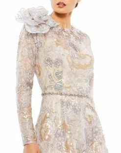 Embellished Long Sleeve High Neck Rose Applique Gown -Women's Skirt 79374 MUL 3 WS