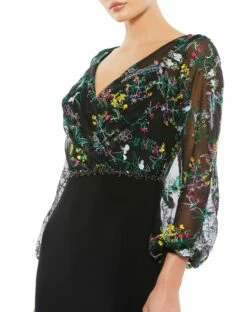 Embroidered Illusion Puff Sleeve Column Gown -Women's Skirt 79379 BMU 3 WS