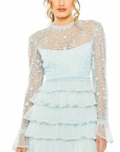 Embroidered Long Sleeve Ruffled Tiered Dress -Women's Skirt 8003 Seafoam CL