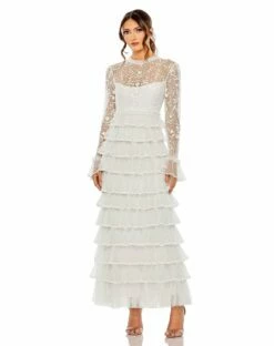 Embroidered Long Sleeve Ruffled Tiered Dress