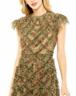 High Neck Ruffle Cap Sleeve Floral Dress -Women's Skirt 8009 GreenMulti CL