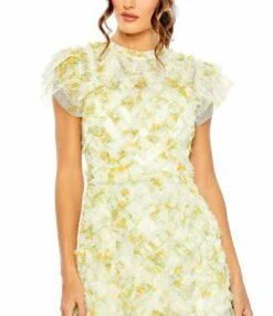 High Neck Ruffle Cap Sleeve Floral Dress -Women's Skirt 8009 YellowMulti CL