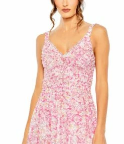 Mesh V-Neck Floral Print Dress -Women's Skirt 8012 PinkMulti CL