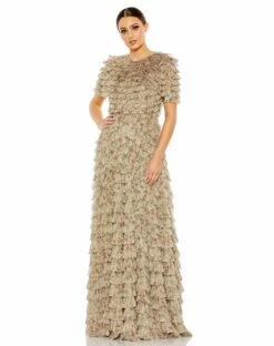 Ruffle Tiered Short Sleeve A Line Gown