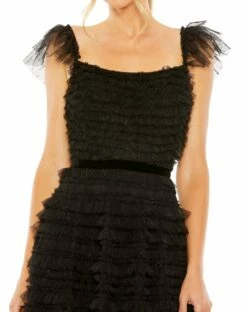 Ruffle Cap Sleeve Embellished Tiered Midi Dress -Women's Skirt 8054 Black CL