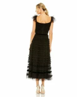 Ruffle Cap Sleeve Embellished Tiered Midi Dress -Women's Skirt 8054 BLK 2 WS