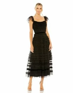 Ruffle Cap Sleeve Embellished Tiered Midi Dress -Women's Skirt 8054 BLK Default 1 WS