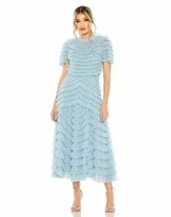 High Neck Short Sleeve Tiered Ruffle A Line Dress -Women's Skirt 8055 FBU Default 1 WS