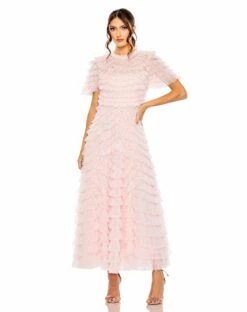 High Neck Short Sleeve Tiered Ruffle A Line Dress