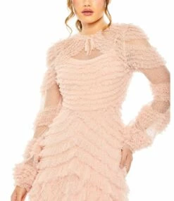 High Neck Puff Long Sleeve Ruffle Tiered Gown -Women's Skirt 8057 Porcelain CL