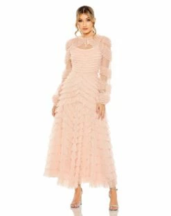 High Neck Puff Long Sleeve Ruffle Tiered Gown