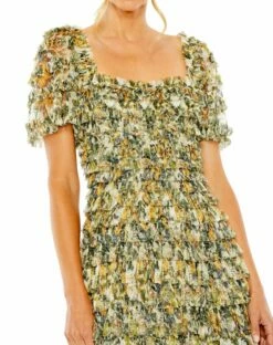 Short Sleeve Micro Ruffle Tea Length Dress -Women's Skirt 8232 GoldMulti CL