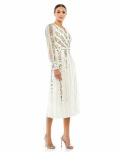 Long Sleeve Embroidered Wrap Midi Dress -Women's Skirt 9133 IvoryMulti AS