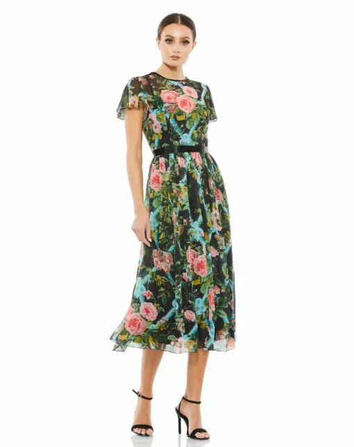 Floral Illusion Cap Sleeve Midi Dress -Women's Skirt 9149 BMU Default 1 WS