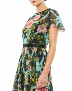 Floral Illusion Cap Sleeve Midi Dress -Women's Skirt 9149 bmu 3 ws