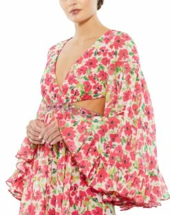 Floral Cut Out V Neck Bell Sleeve Mini Dress -Women's Skirt 9158 PIM 3 WS