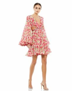 Floral Cut Out V Neck Bell Sleeve Mini Dress