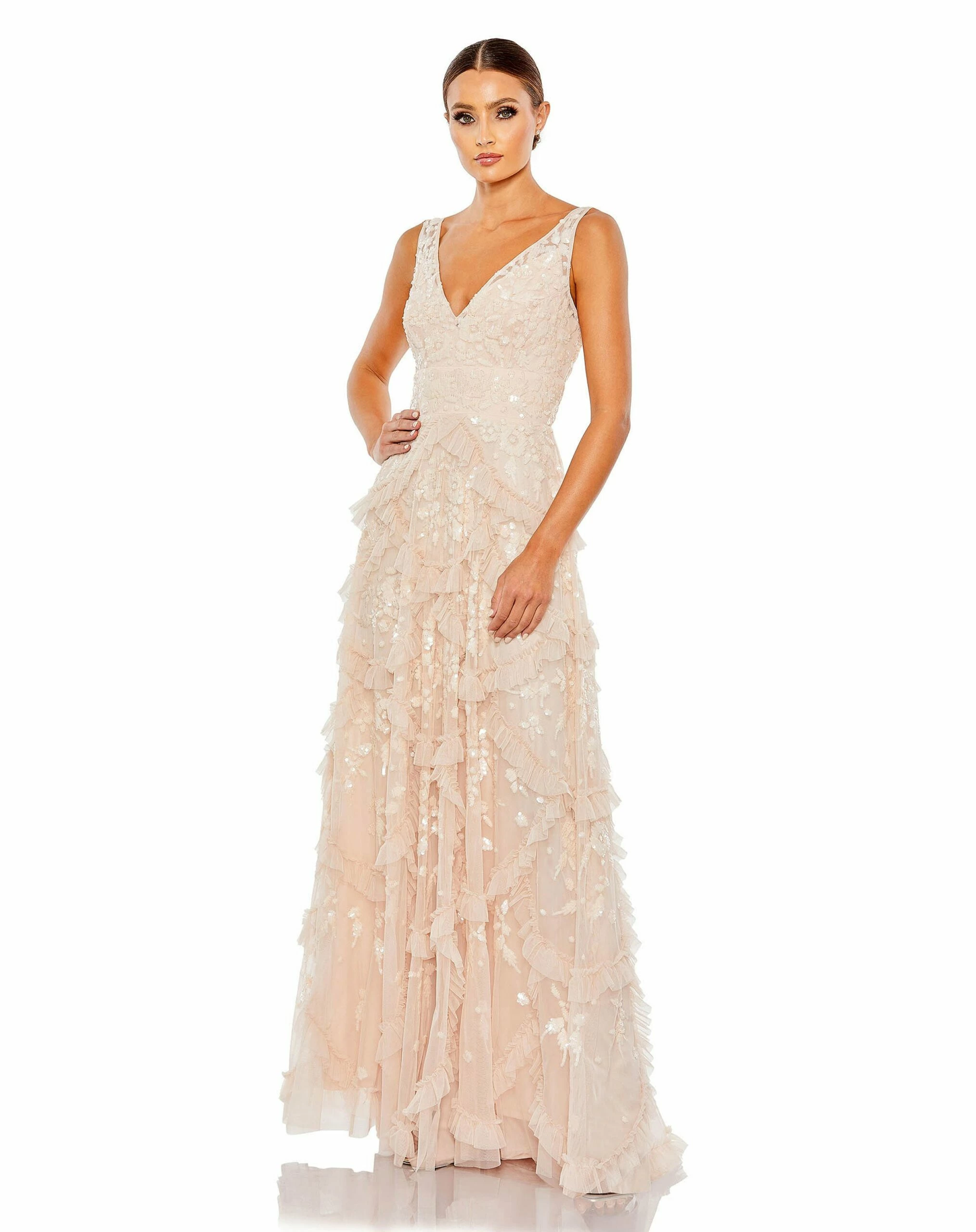 Sequined Scallop Ruffle Tiered V Neck Gown 3 Sequined Scallop Ruffle Tiered V Neck Gown