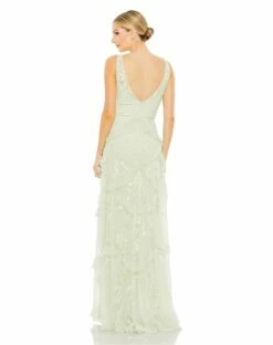 Sequined Scallop Ruffle Tiered V Neck Gown 12 Sequined Scallop Ruffle Tiered V Neck Gown -Women's Skirt 9162 Sage BK