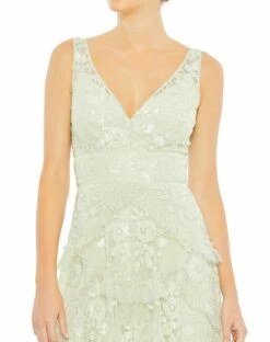 Sequined Scallop Ruffle Tiered V Neck Gown 13 Sequined Scallop Ruffle Tiered V Neck Gown -Women's Skirt 9162 Sage CL