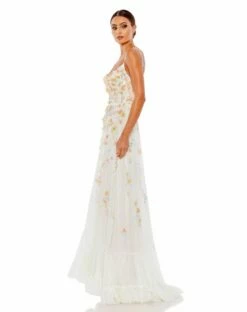 Beaded 3D Flower Cami Ruffled High Low Lace Up Gown -Women's Skirt 9163 WhiteMulti AS