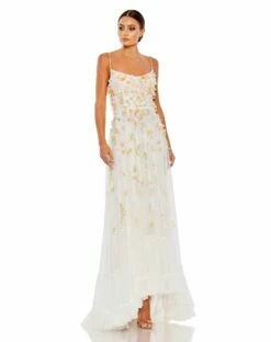 Beaded 3D Flower Cami Ruffled High Low Lace Up Gown
