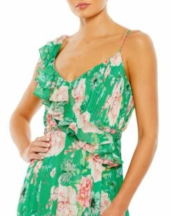 Floral Print Ruffled Wrap Over A Line Gown -Women's Skirt 9175 GreenMulti CL