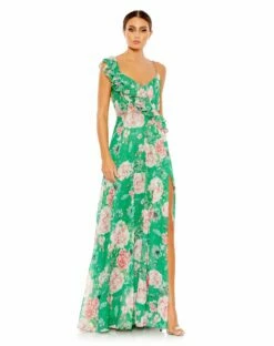Floral Print Ruffled Wrap Over A Line Gown
