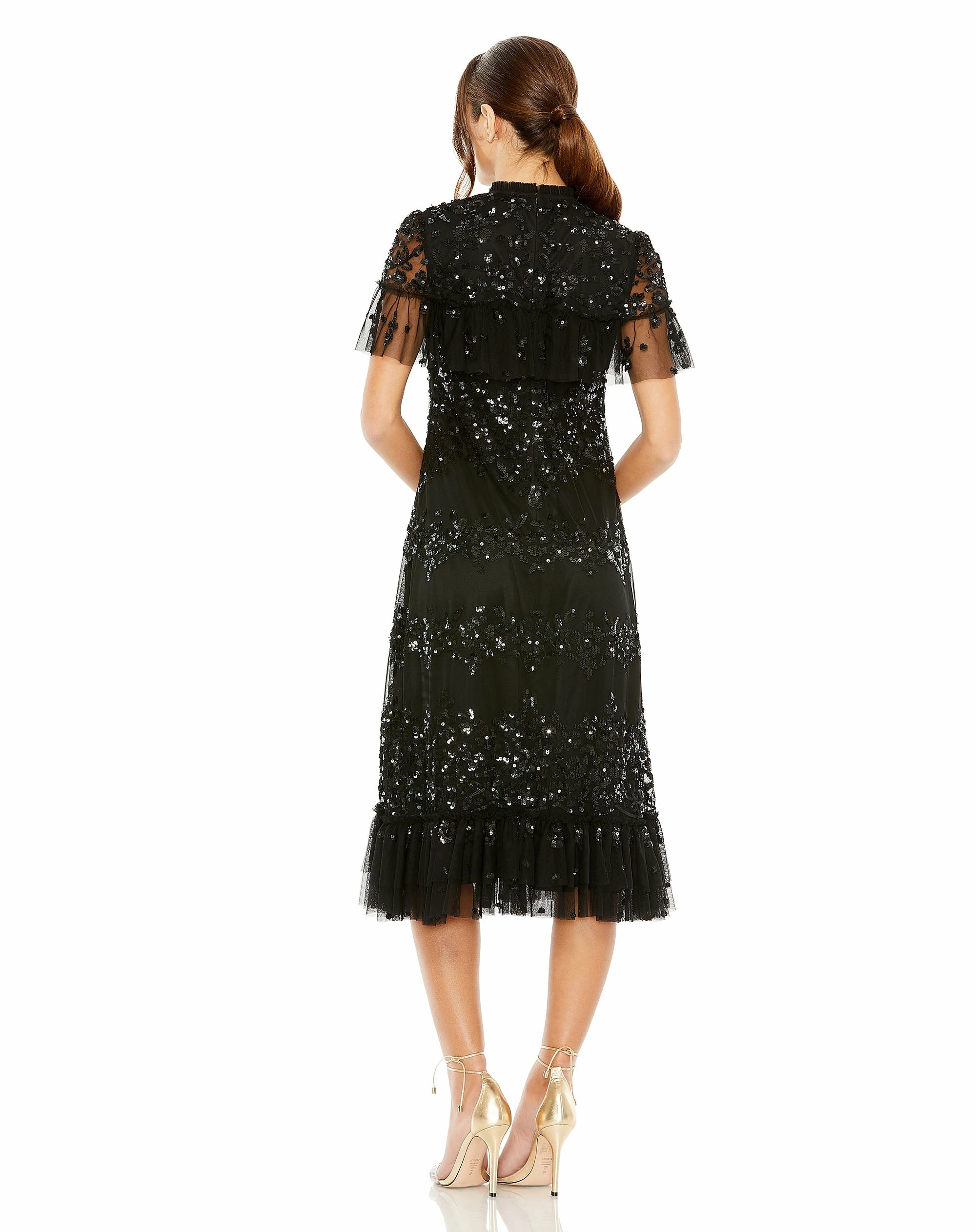 Sequined High Neck Ruffled Flutter Sleeve Midi Dress 4 Sequined High Neck Ruffled Flutter Sleeve Midi Dress - Image 2