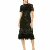Sequined High Neck Ruffled Flutter Sleeve Midi Dress -Women's Skirt 9193 BLK Default 1 WS