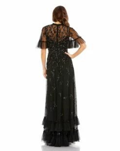 Ruffled Floral Embellished Flutter Sleeve A-Line Gown 14 Ruffled Floral Embellished Flutter Sleeve A-Line Gown -Women's Skirt 9199 Black BK