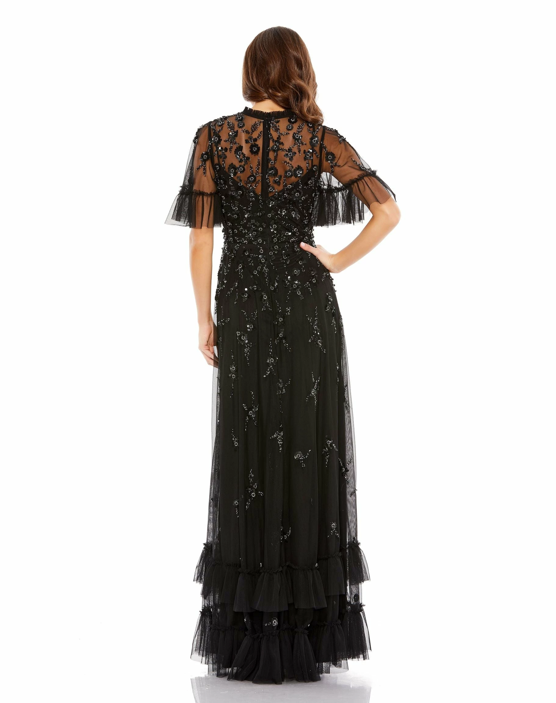 Ruffled Floral Embellished Flutter Sleeve A-Line Gown 6 Ruffled Floral Embellished Flutter Sleeve A-Line Gown - Image 4
