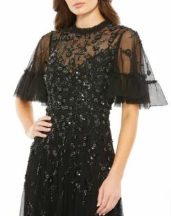 Ruffled Floral Embellished Flutter Sleeve A-Line Gown 15 Ruffled Floral Embellished Flutter Sleeve A-Line Gown -Women's Skirt 9199 Black CL