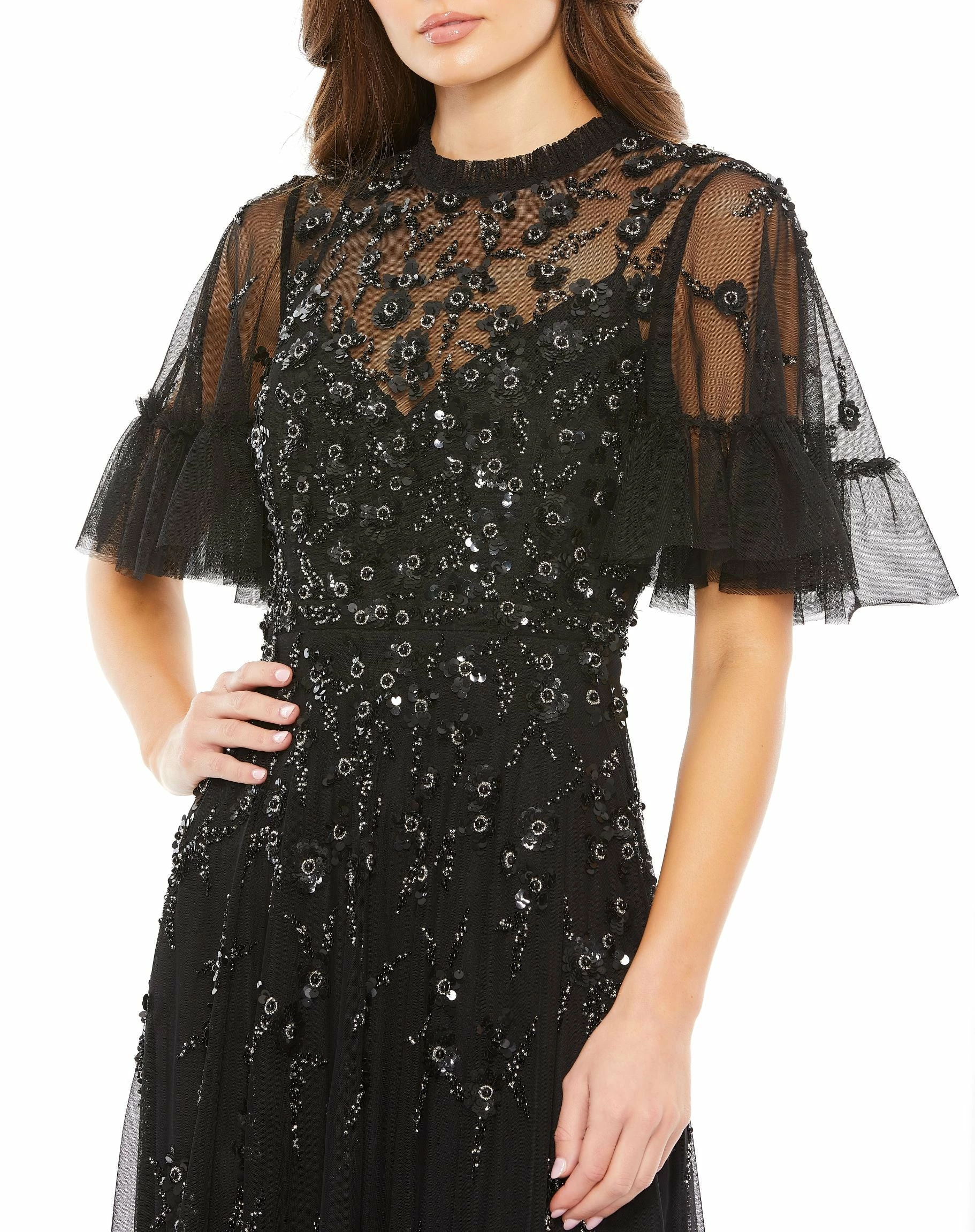Ruffled Floral Embellished Flutter Sleeve A-Line Gown 7 Ruffled Floral Embellished Flutter Sleeve A-Line Gown - Image 5